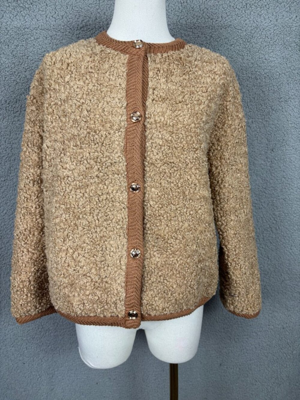 PrettyGarden Women's Brown Teddy Fleece Cardigan  Gold Buttons Size Small NWT's.